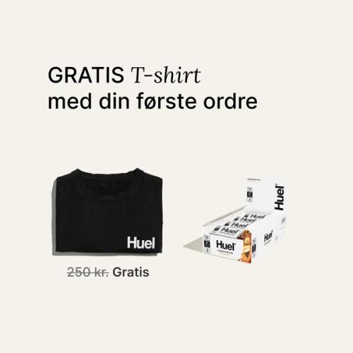 A box of Huel complete nutrition bars on a neutral background next to a black Huel t-shirt