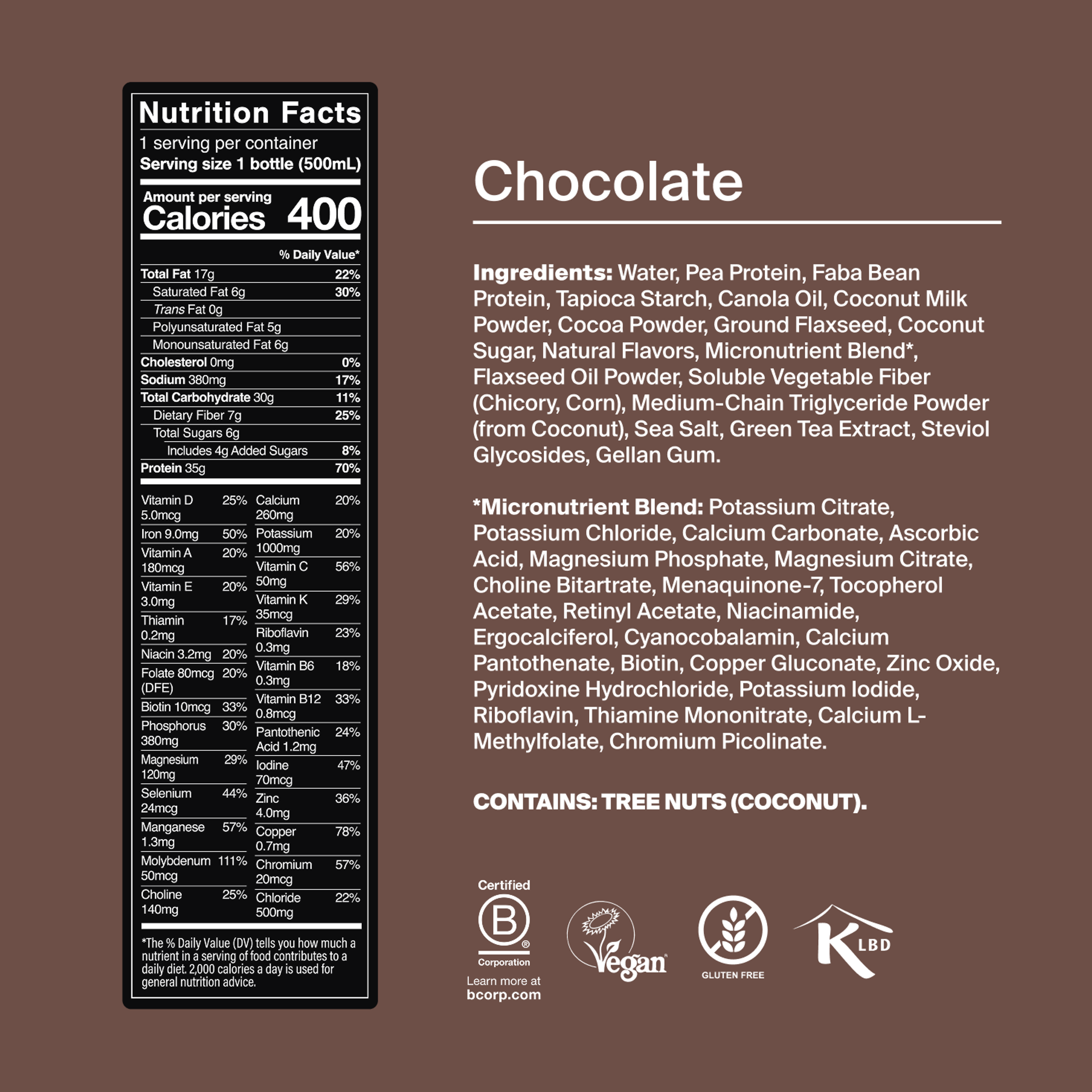 Bottle of Black Edition RTD with back-of-pack nutrition included, and natural ingredient images