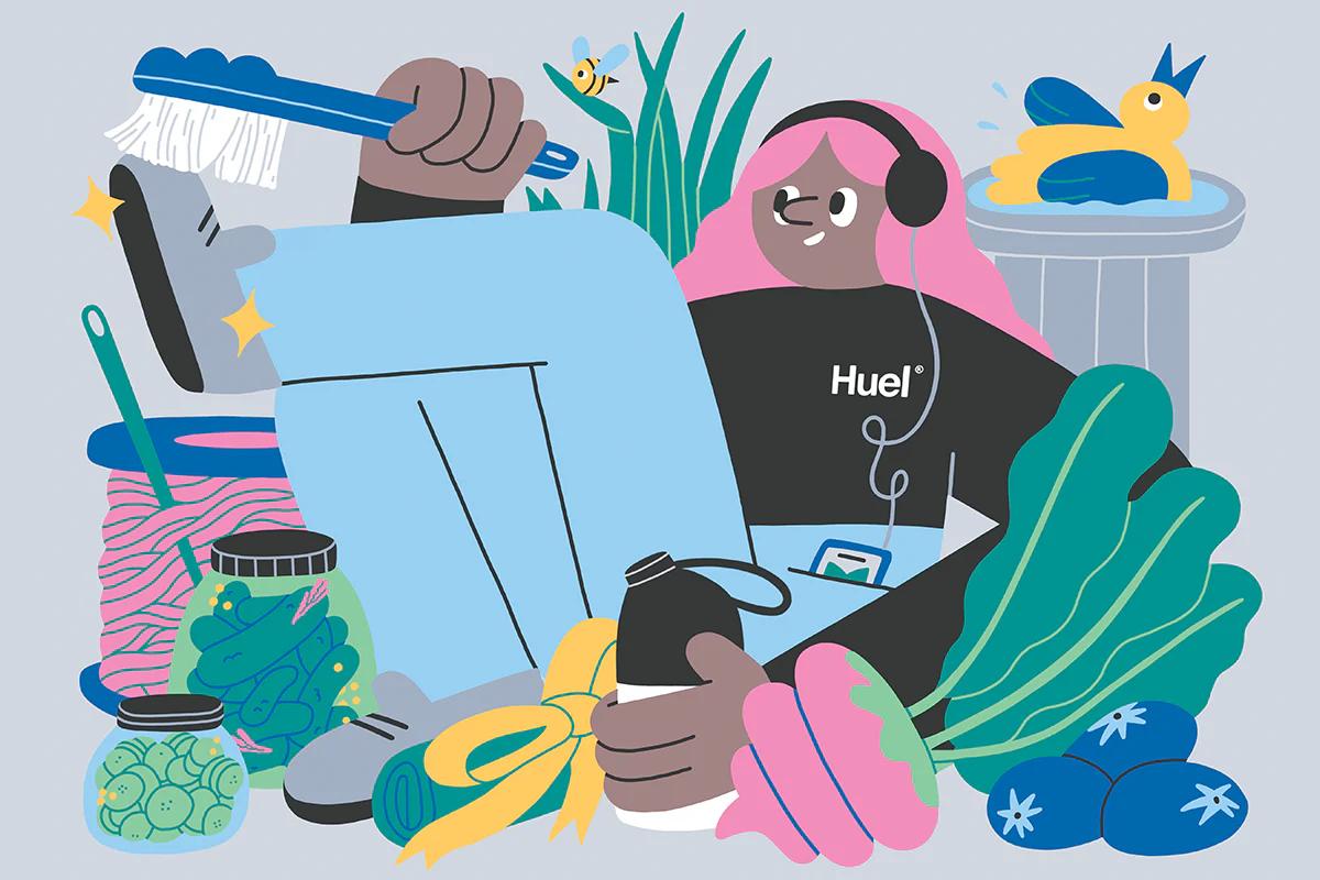 a cartoon image of a woman sat with headphones on surrounded by different vegetables and foods and a huel shaker