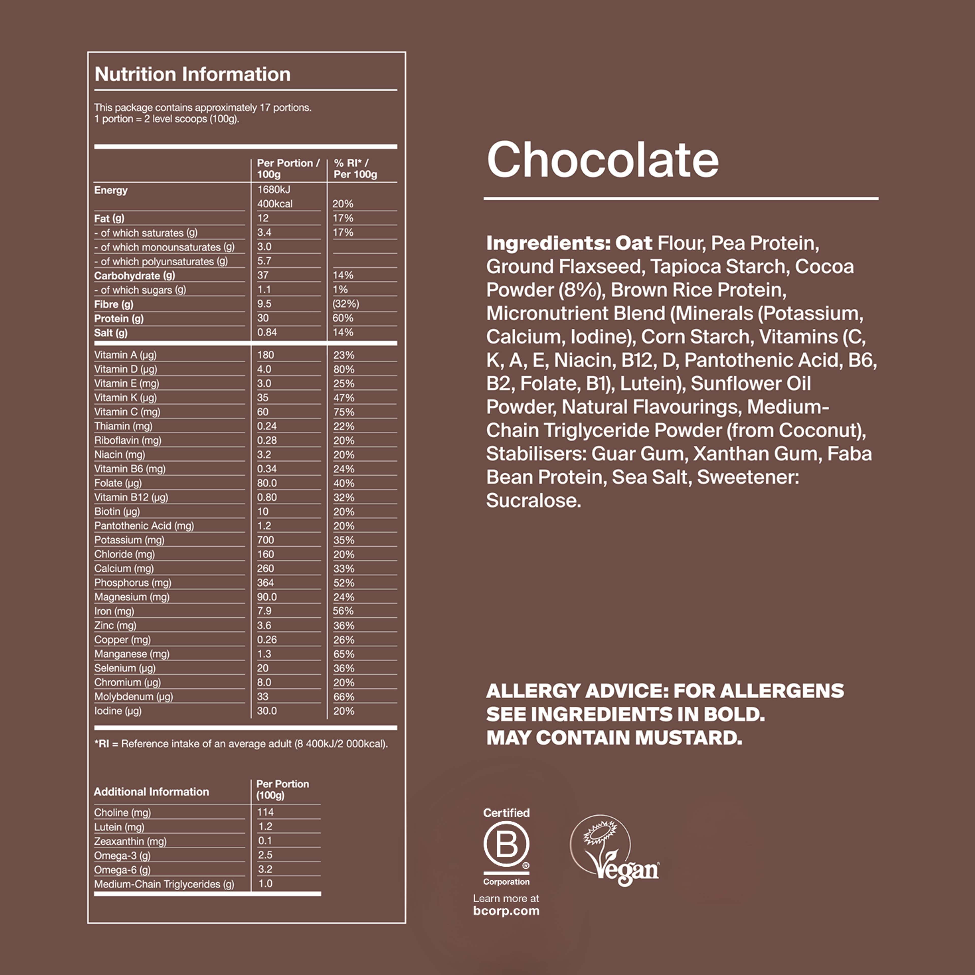 Back of pack nutritional information for Huel Powder