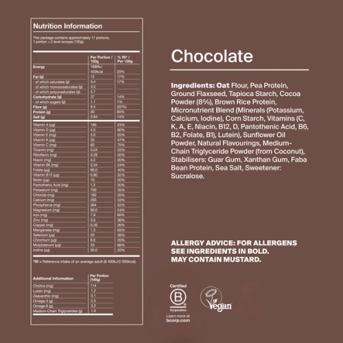 Back of pack nutritional information for Huel Powder