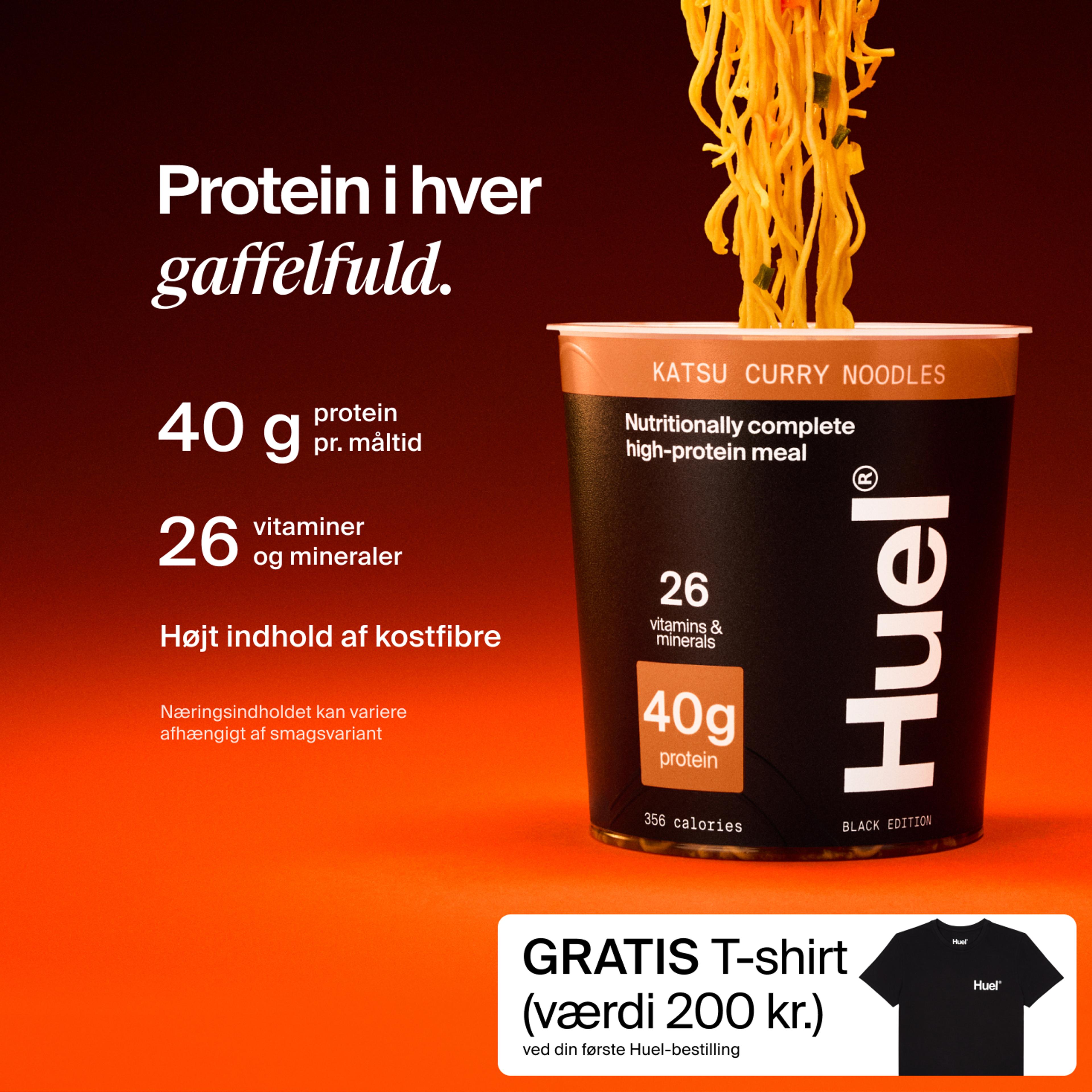 A pot of Huel Black Edition Ramen with Complete Nutrition callouts on a red and black gradient background