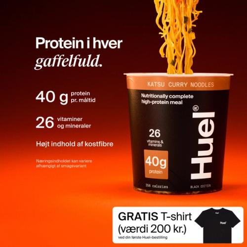 A pot of Huel Black Edition Ramen with Complete Nutrition callouts on a red and black gradient background