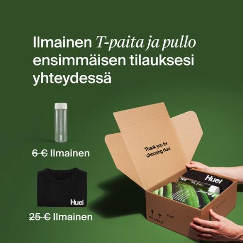 Unboxing a Huel order containing Daily Greens powder, a black Huel t-shirt, and a clear bottle, set against a green background.