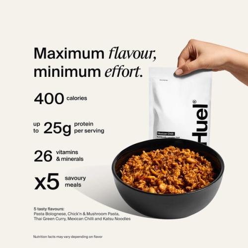 A bowl of Huel hot & savour meal pack with a bag behind and nutritional callouts