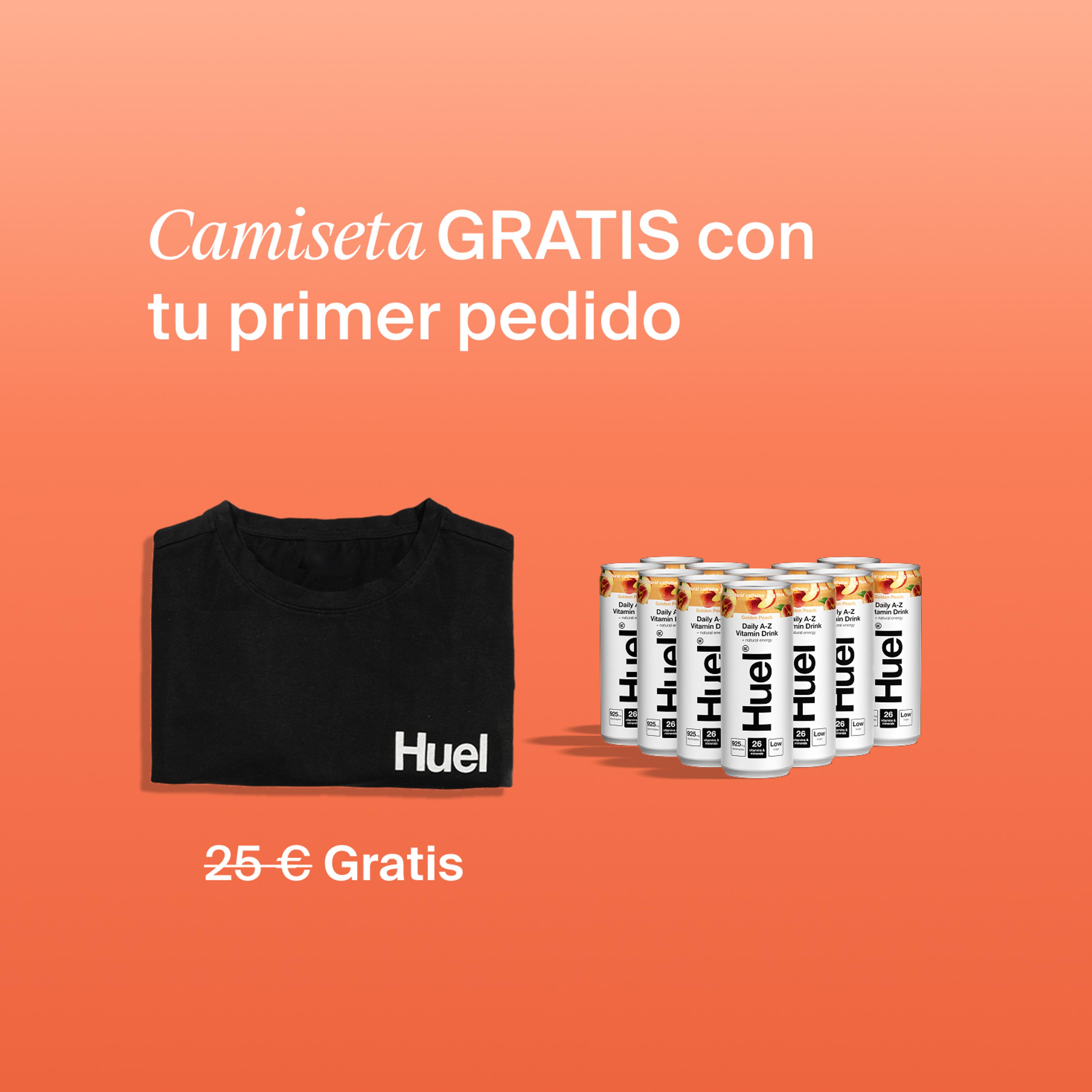 Camiseta y entrega gratis con tu primer pedido; muestra la camiseta de Huel junto a 12 latas de DAZ