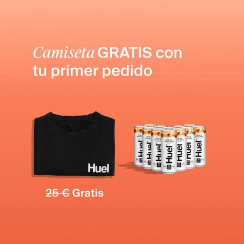 Camiseta y entrega gratis con tu primer pedido; muestra la camiseta de Huel junto a 12 latas de DAZ
