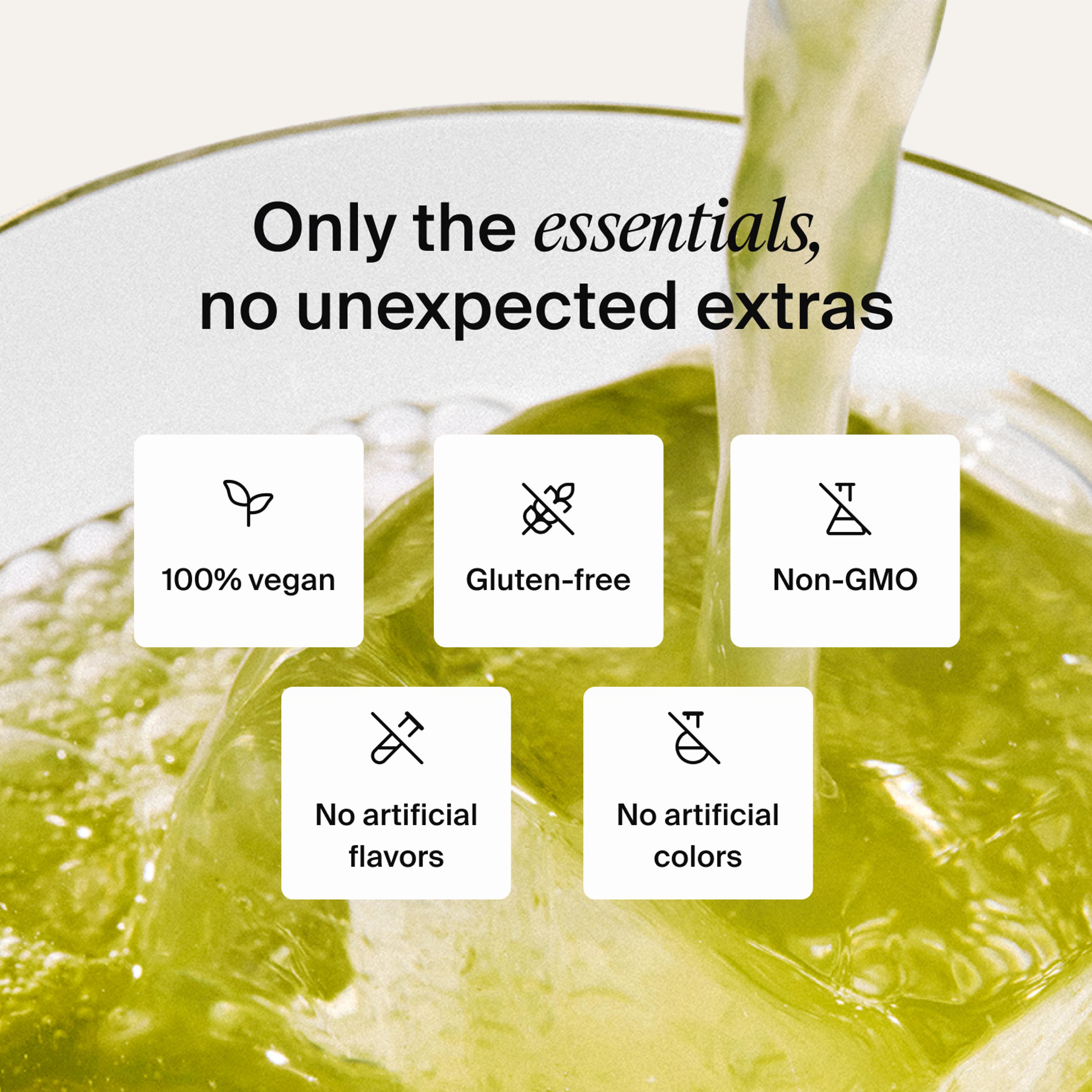 A list of health benefits of Huel Daily Greens ready-to-drink set against a background of a close-up of Huel Daily Greens Ready-to-drink in a glass