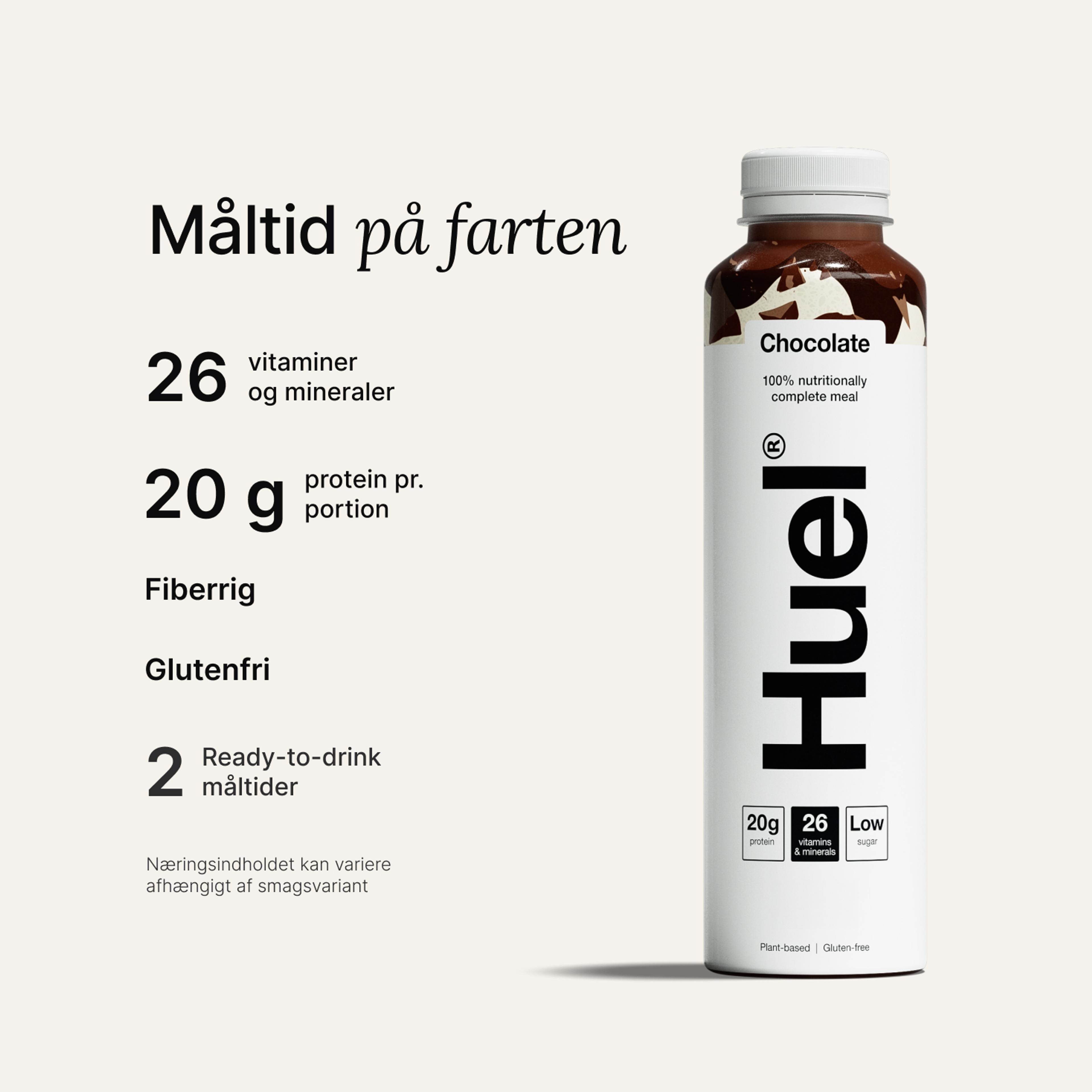 En flaske Chocolate Huel Drikkeklar måltidsdrik med højt proteinindhold