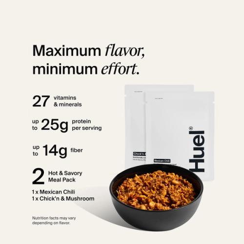 A bowl of hot and savory Huel meal in front of Mexican chili and chickn mushroom pouches. Text emphasizes maximum flavor with minimal effort and lists protein, fiber, and vitamin content.