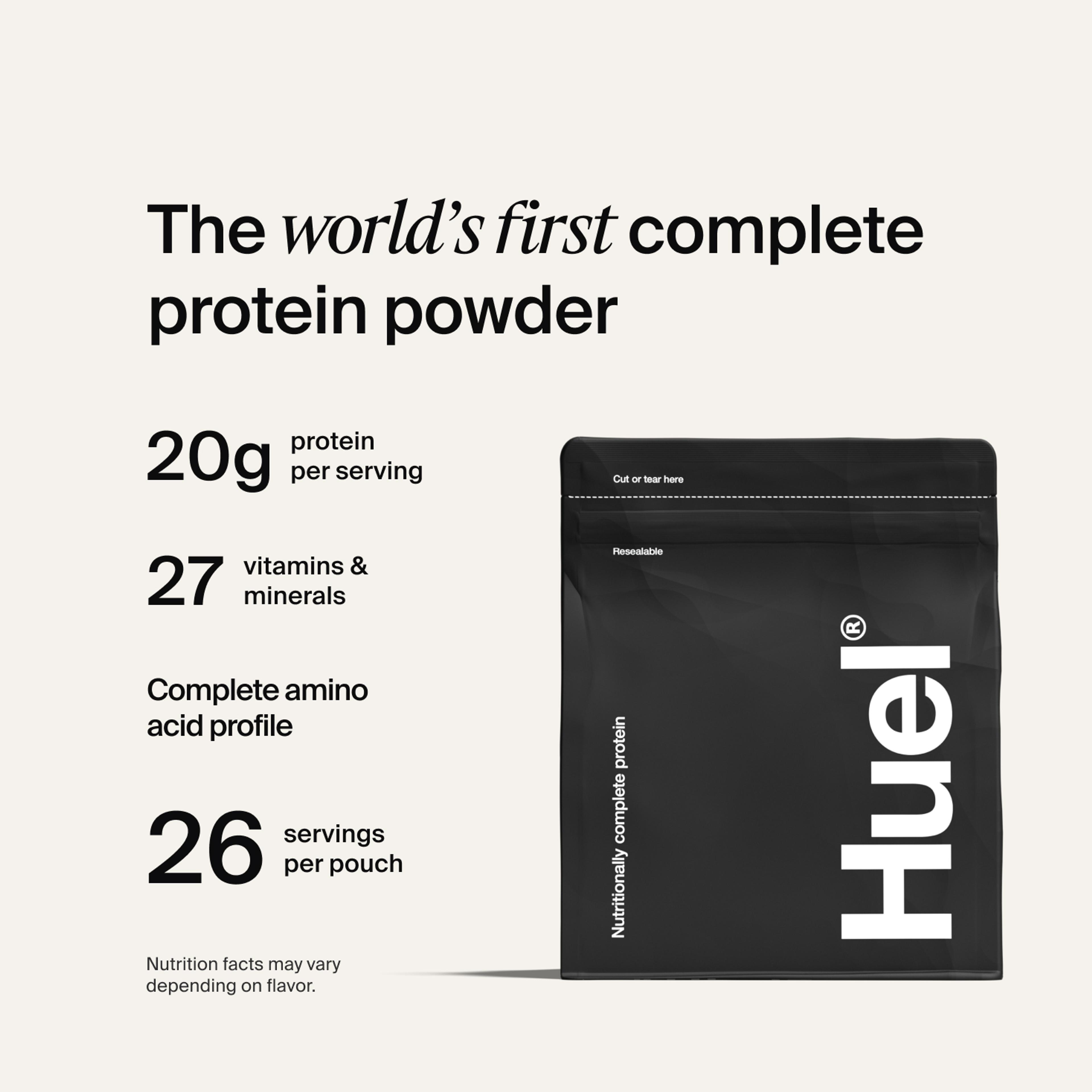 A bag of Huel Complete Protein meal powder 