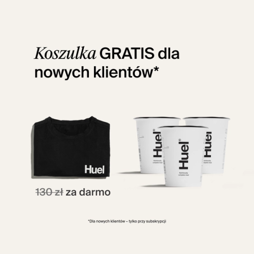Darmowa koszulka i dostawa przy pierwszym zamówieniu. Napis z grafiką przedstawiającą darmową koszulkę oraz 3 garnki Huel