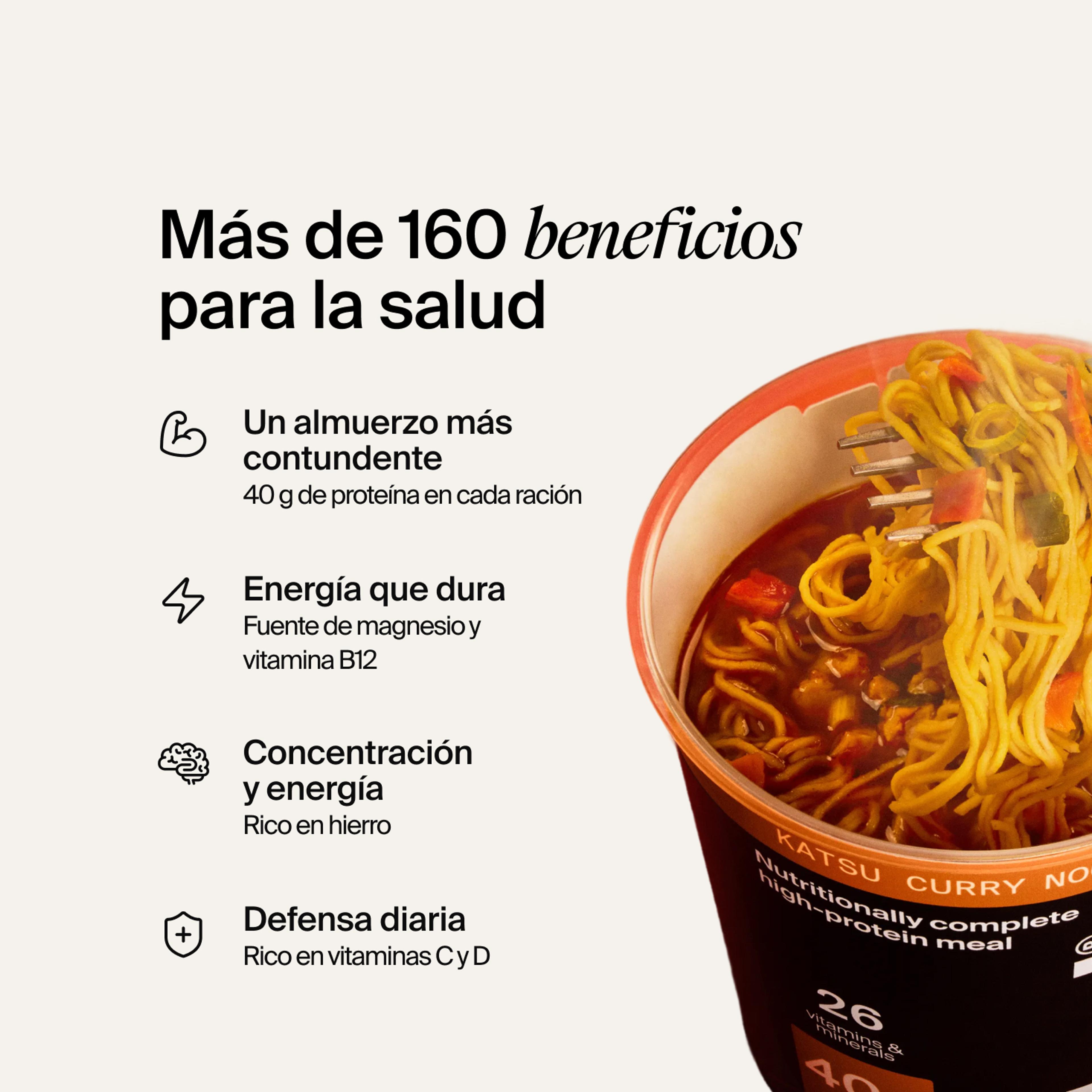 An open pot of Huel Black Edition Ramen on a neutral colour background with benefits listed