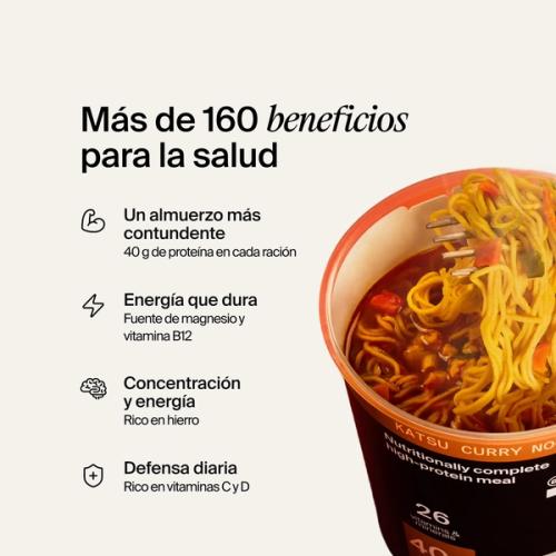An open pot of Huel Black Edition Ramen on a neutral colour background with benefits listed