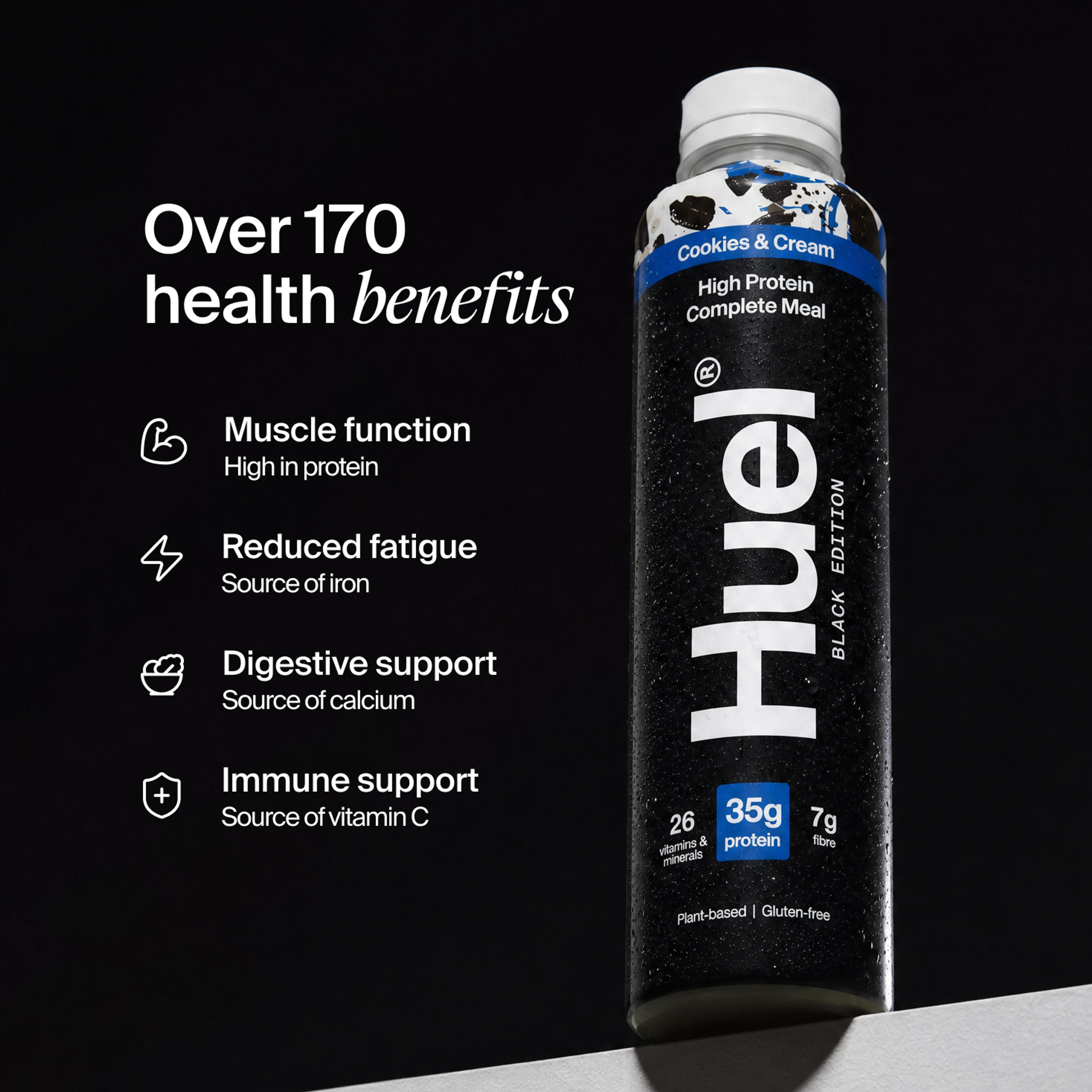 Bottle of Huel Ready-to-drink with health benefits written beside it