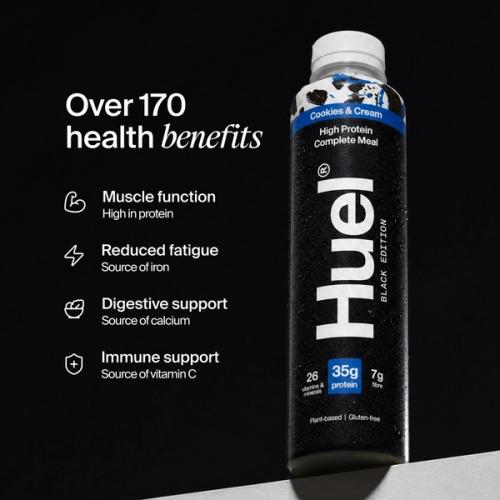 Bottle of Huel Ready-to-drink with health benefits written beside it