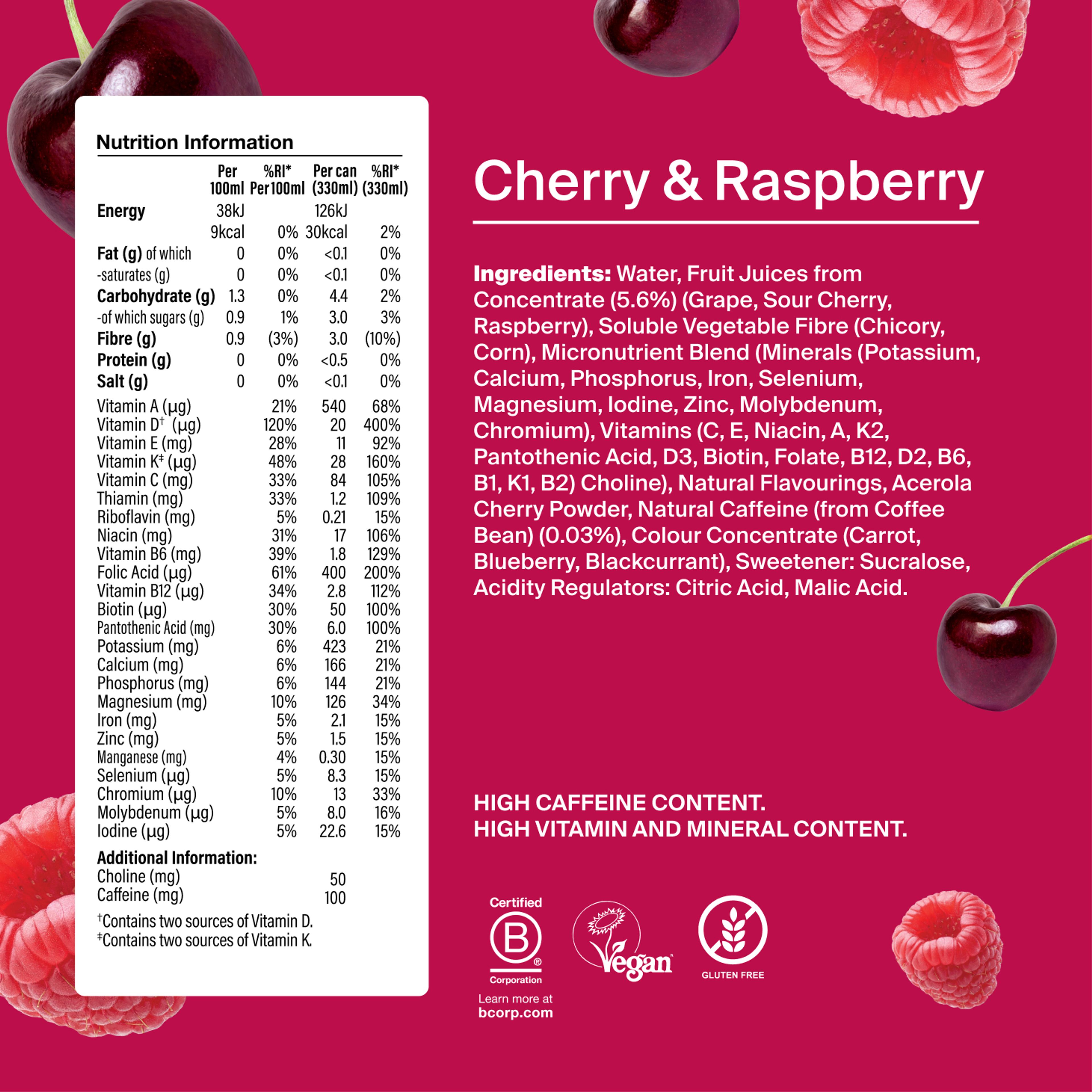 The back of a Cherry & Raspberry can showing the nutritional information; Has a 3 delicious flavours call-out: Pineapple & Mango, Cherry & Raspberry, Watermelon