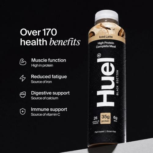 Bottle of Huel Ready-to-drink with health benefits written beside it