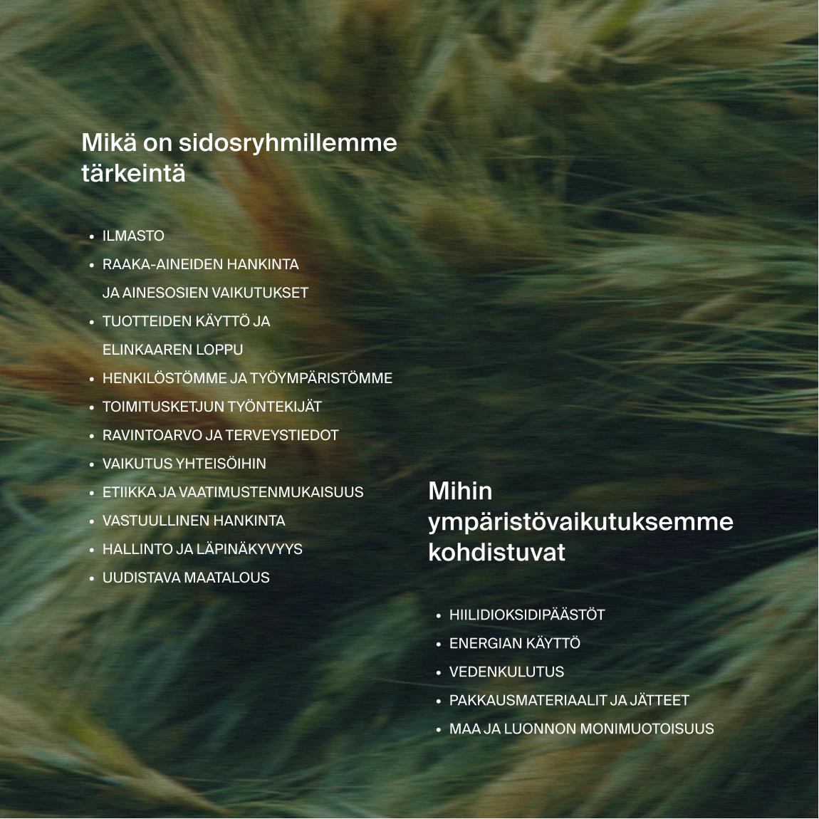 Text on an image of moving long grass in 2 parts, one with the headline "what matters most to our stakeholders", and the other "where our environmental impacts fall"