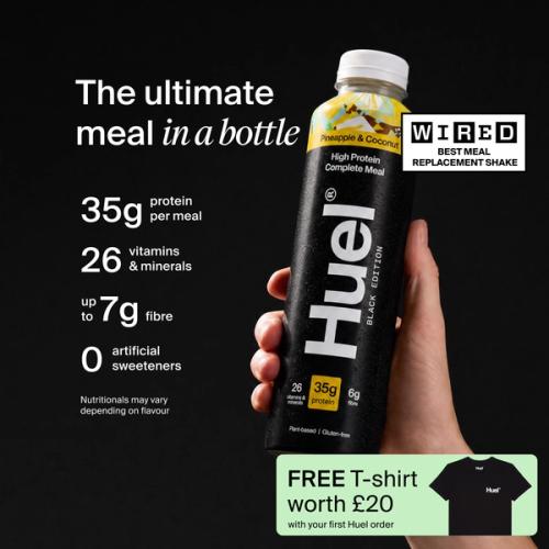 Huel Black Edition Ready-to-drink bottle held in hand, alongside text highlighting 35g protein, 26 vitamins and minerals, up to 7g fibre, and no artificial sweeteners.