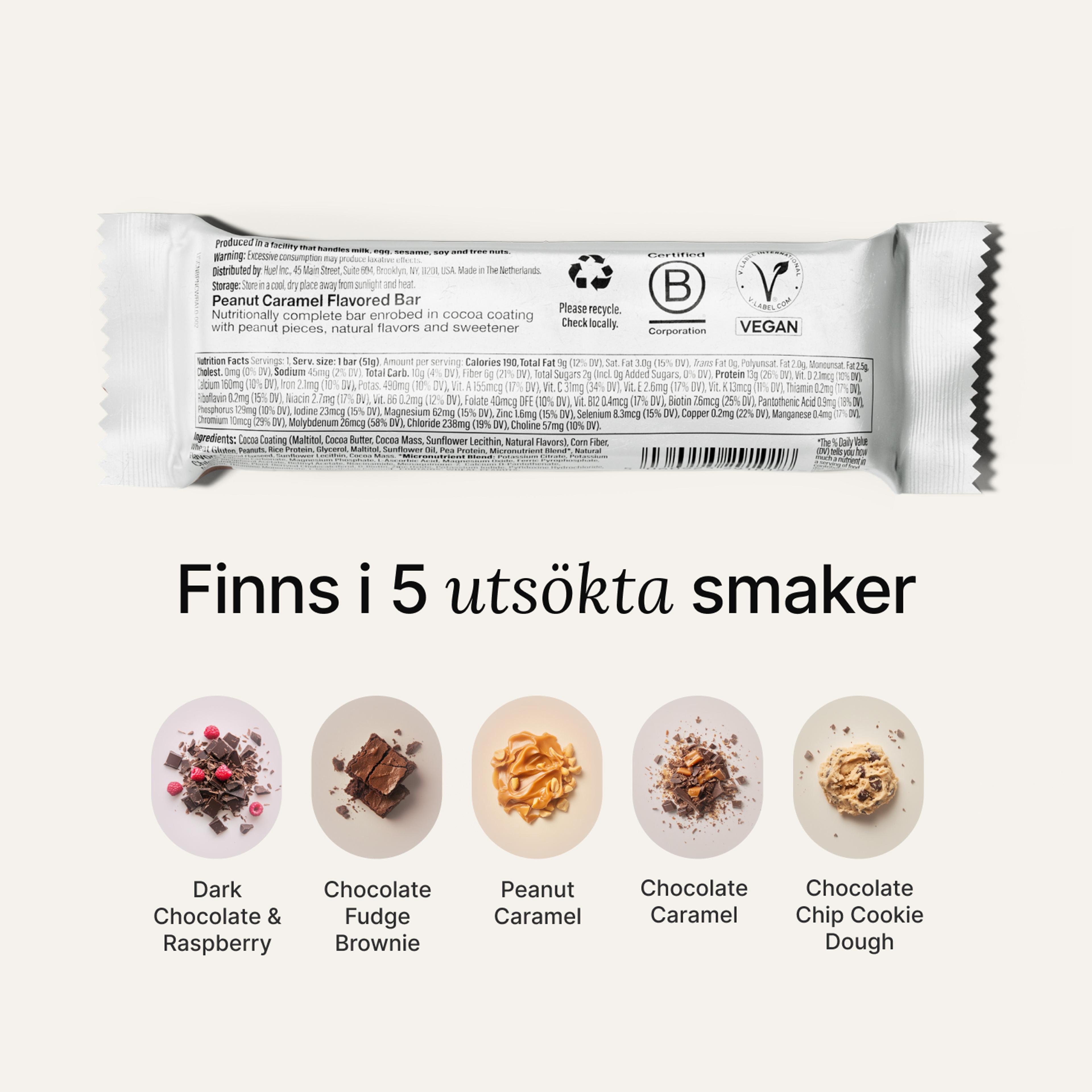 The back-of-pack label of a Huel Complete Nutrition Bar accompanied by images of ingredients