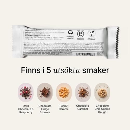 The back-of-pack label of a Huel Complete Nutrition Bar accompanied by images of ingredients