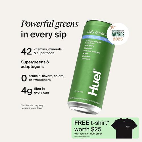 Can of Huel Daily Greens sparkling supergreens drink in Blueberry, Lemon & Thyme, with 42 vitamins, minerals and superfoods, supergreens and adaptogens, no artificial flavors, colors or sweeteners, and 4g fiber in every can