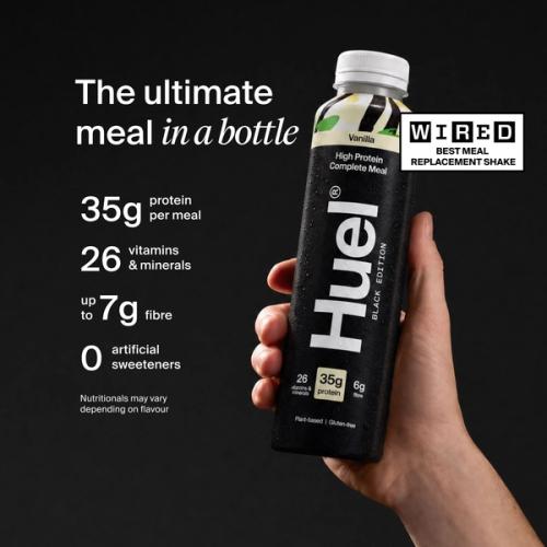Huel Black Edition Ready-to-drink bottle held in hand, alongside text highlighting 35g protein, 26 vitamins and minerals, up to 7g fibre, and no artificial sweeteners.