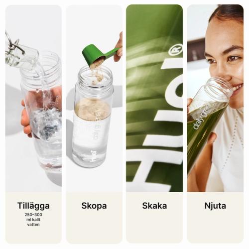 a visual, step-by-step guide for how to prepare the Greens - Add, Scoop, Shake, Enjoy! 