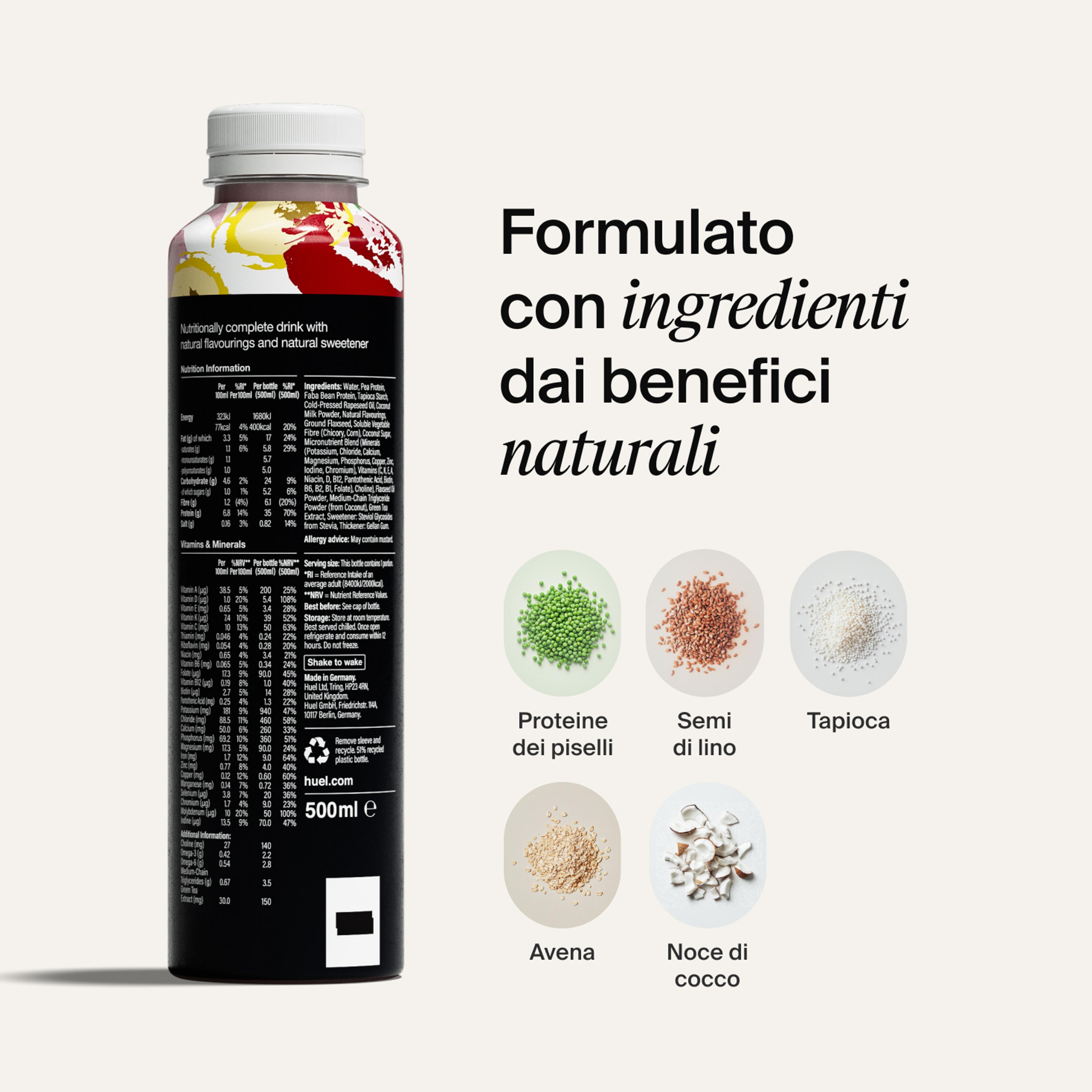 Bottle of Black Edition RTD with back-of-pack nutrition included, and natural ingredient images