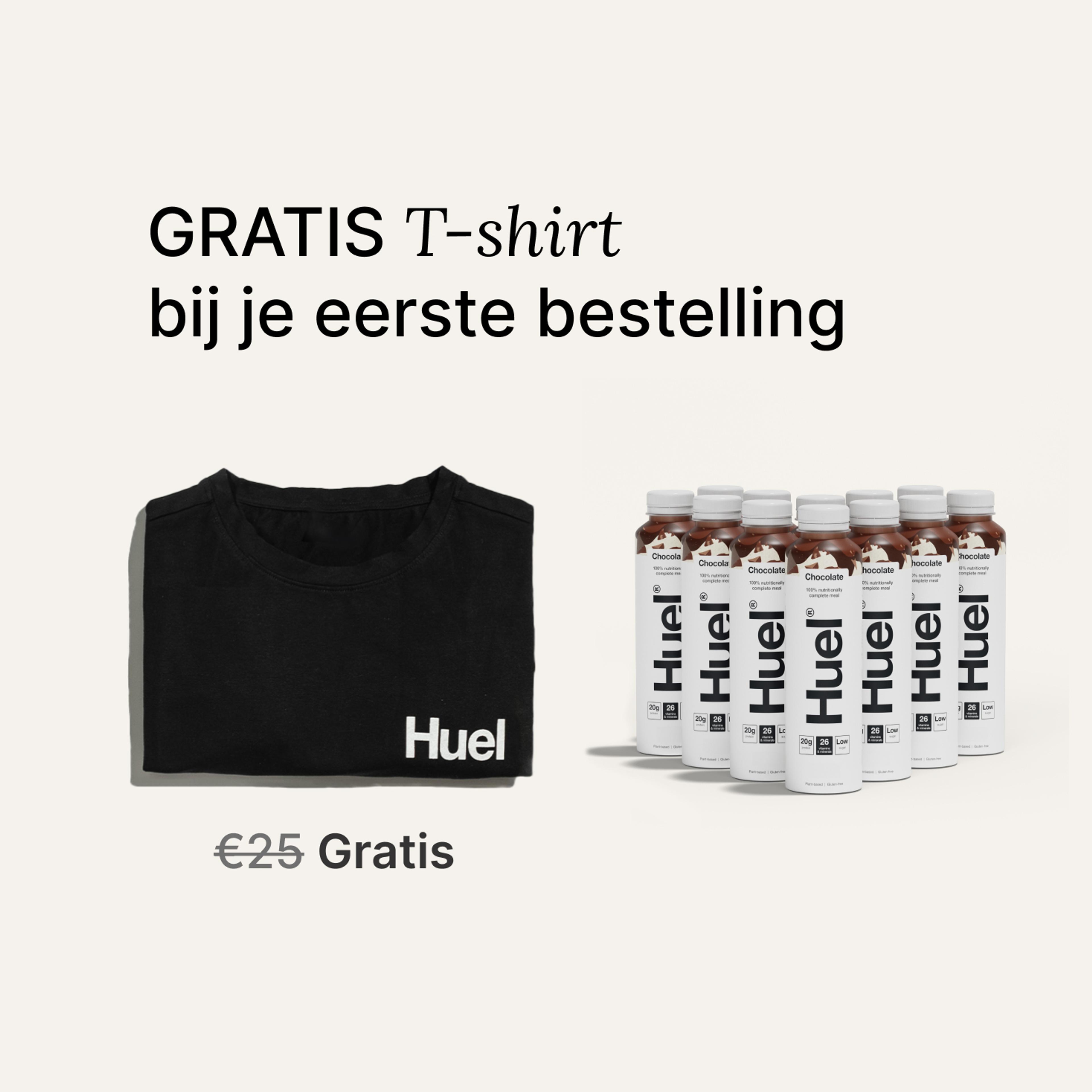 Een afbeelding van de inhoud van het Huel kant-en-klaar welkomstpakket inclusief een zwart Huel t-shirt