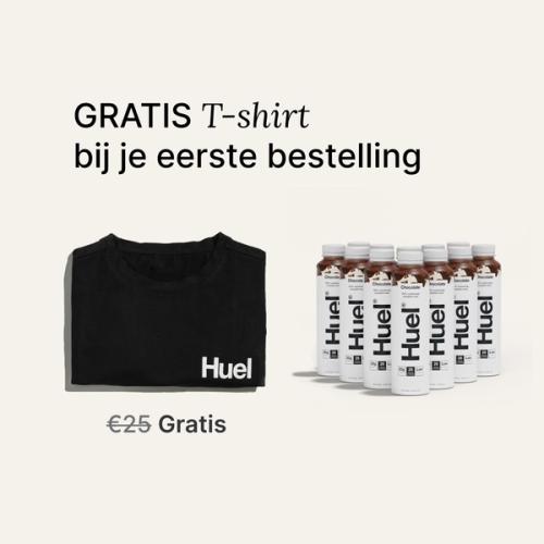 Een afbeelding van de inhoud van het Huel kant-en-klaar welkomstpakket inclusief een zwart Huel t-shirt