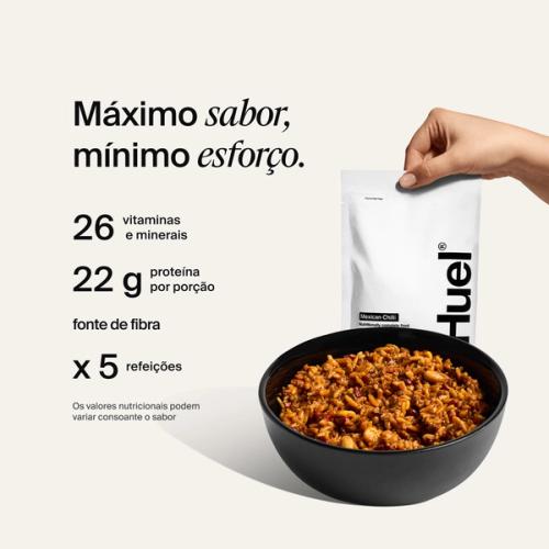 Huel Hot & Savoury Meal Packs set against a neutral colour background with health benefits written beside it