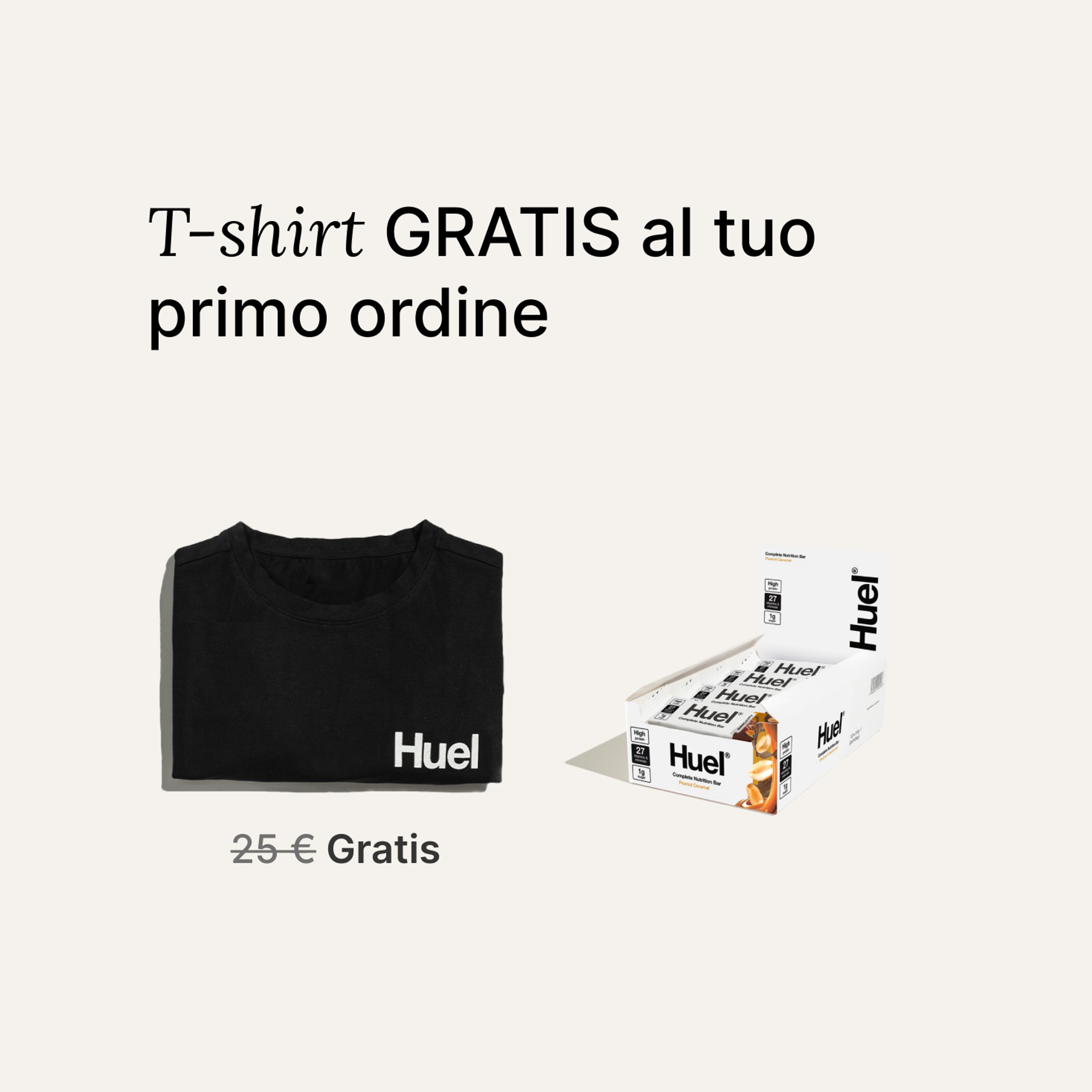 A box of Huel complete nutrition bars on a neutral background next to a black Huel t-shirt