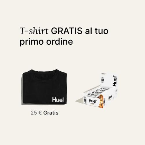 A box of Huel complete nutrition bars on a neutral background next to a black Huel t-shirt