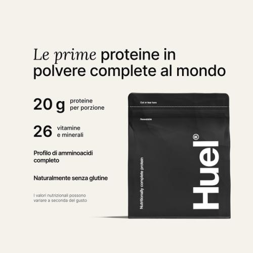 Black bag of Huel Complete Protein powder on a neutral colour background, accompanied by key benefits of Huel