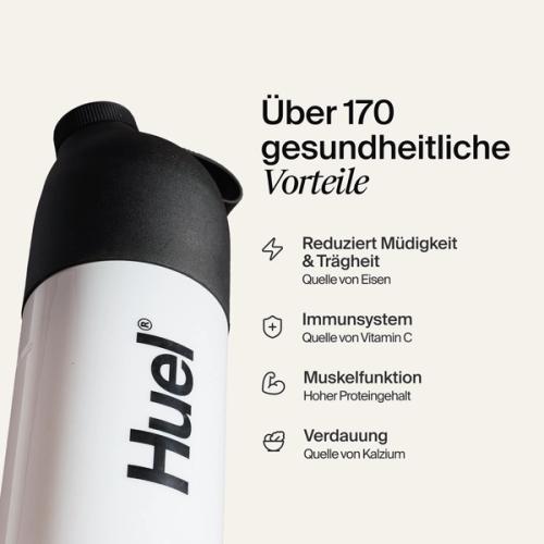 A black and white Huel Shaker set against a neutral background, accompanied by health benefit callouts