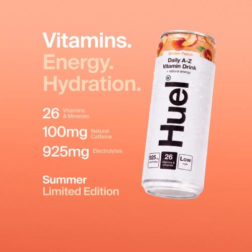 Alt, caffeinated flavours: Huel Daily A-Z Vitamin Drink can, alongside text highlighting 26 vitamins and minerals, 100mg caffeine, 925mg electrolytes, and low sugar.