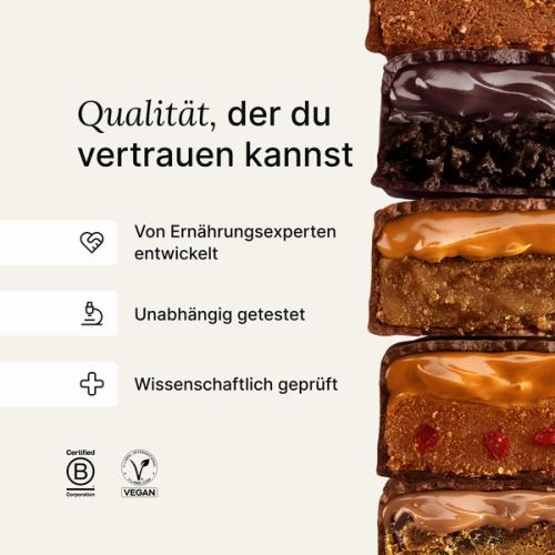A stack of Huel caramel and peanut bars next to scientific claims about Huel products