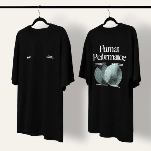 2 of the Huel T-shirts handing, one showing the front and one showing the back of the t-shirt