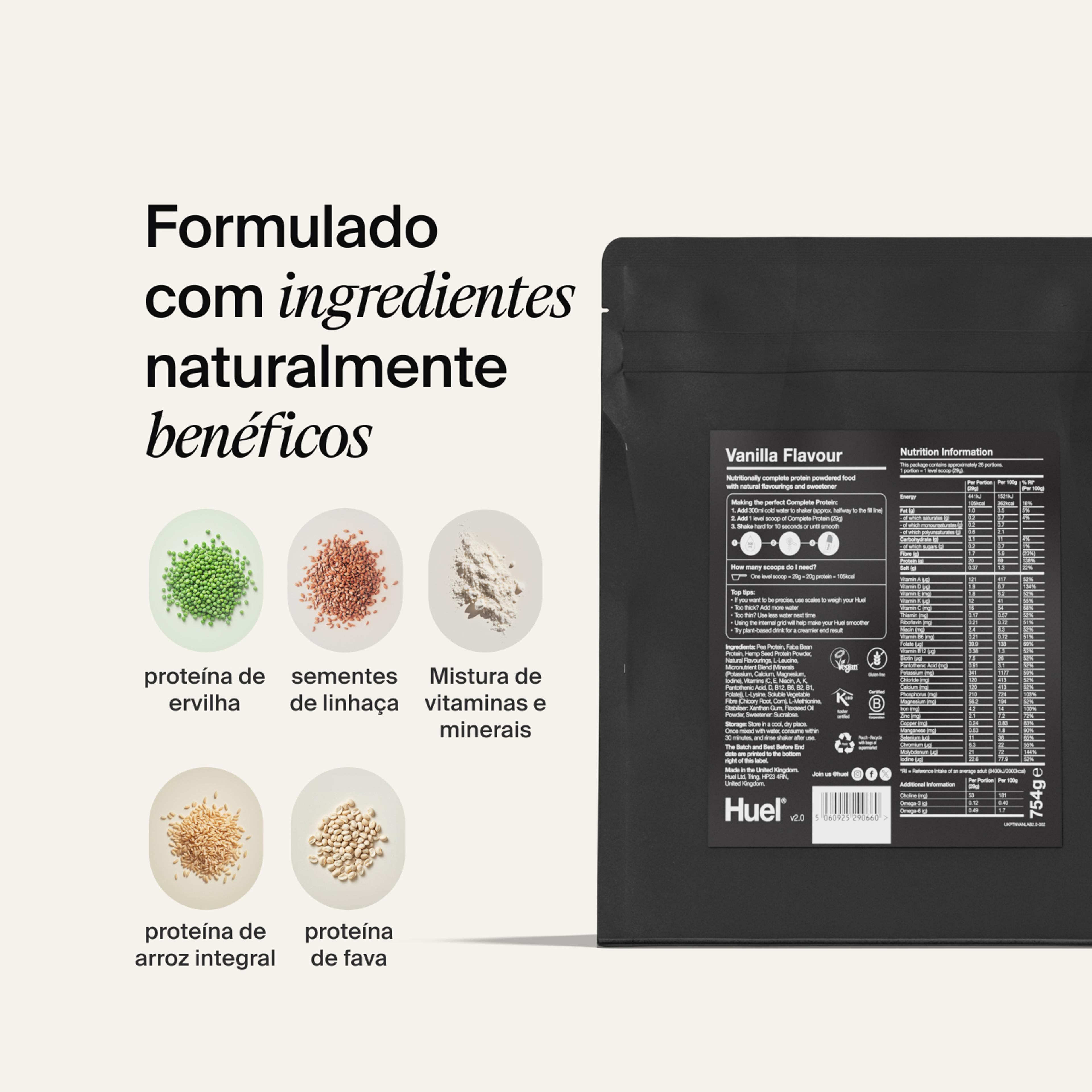 the back of a Huel complete protein powder bag containing nutritional information