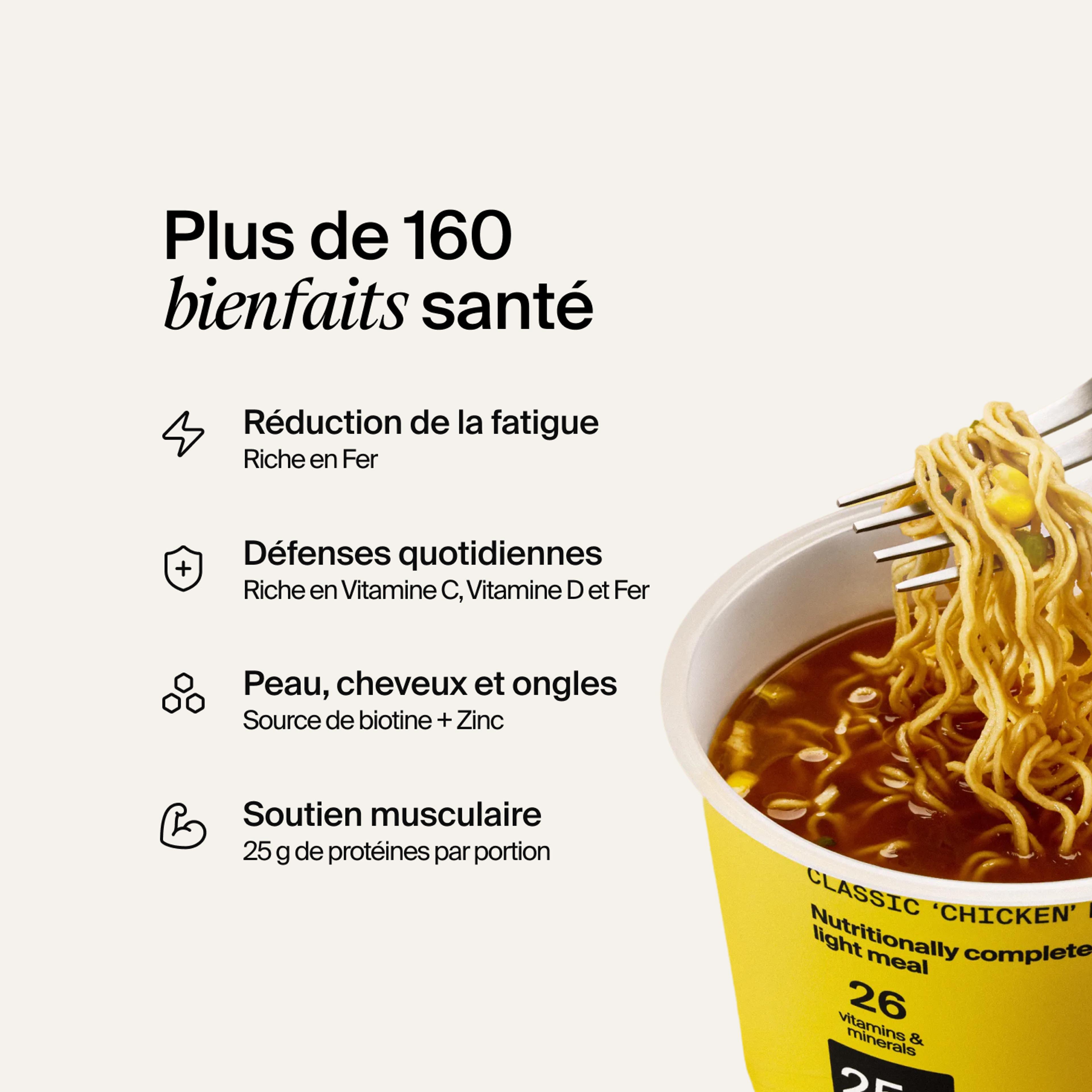 Un pot ouvert de ramen Huel Lite sur un fond de couleur neutre avec les bienfaits indiqués