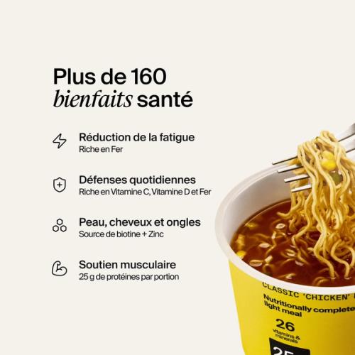 Un pot ouvert de ramen Huel Lite sur un fond de couleur neutre avec les bienfaits indiqués