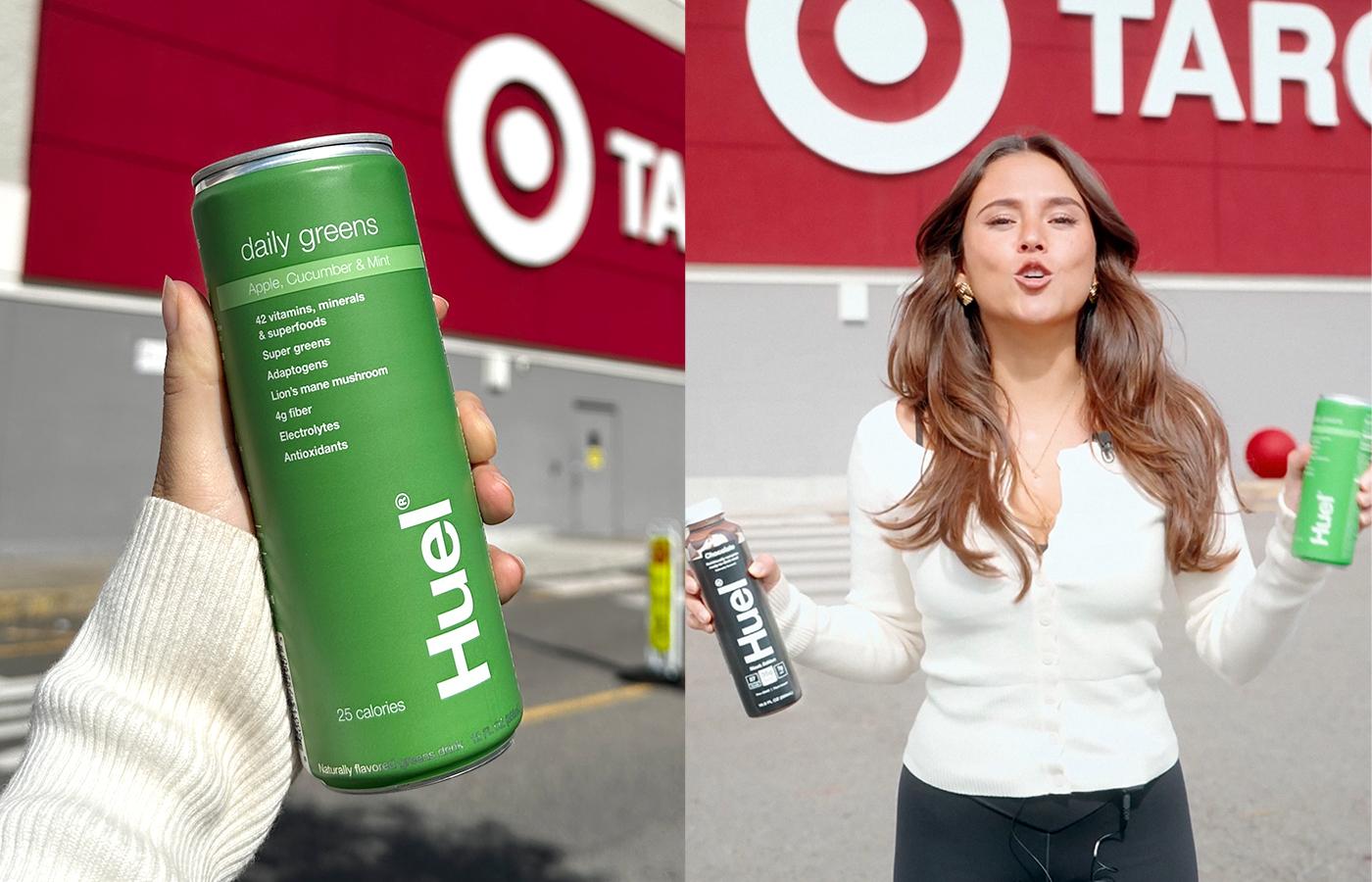 a can of huel daily greens being held up outside target entrance