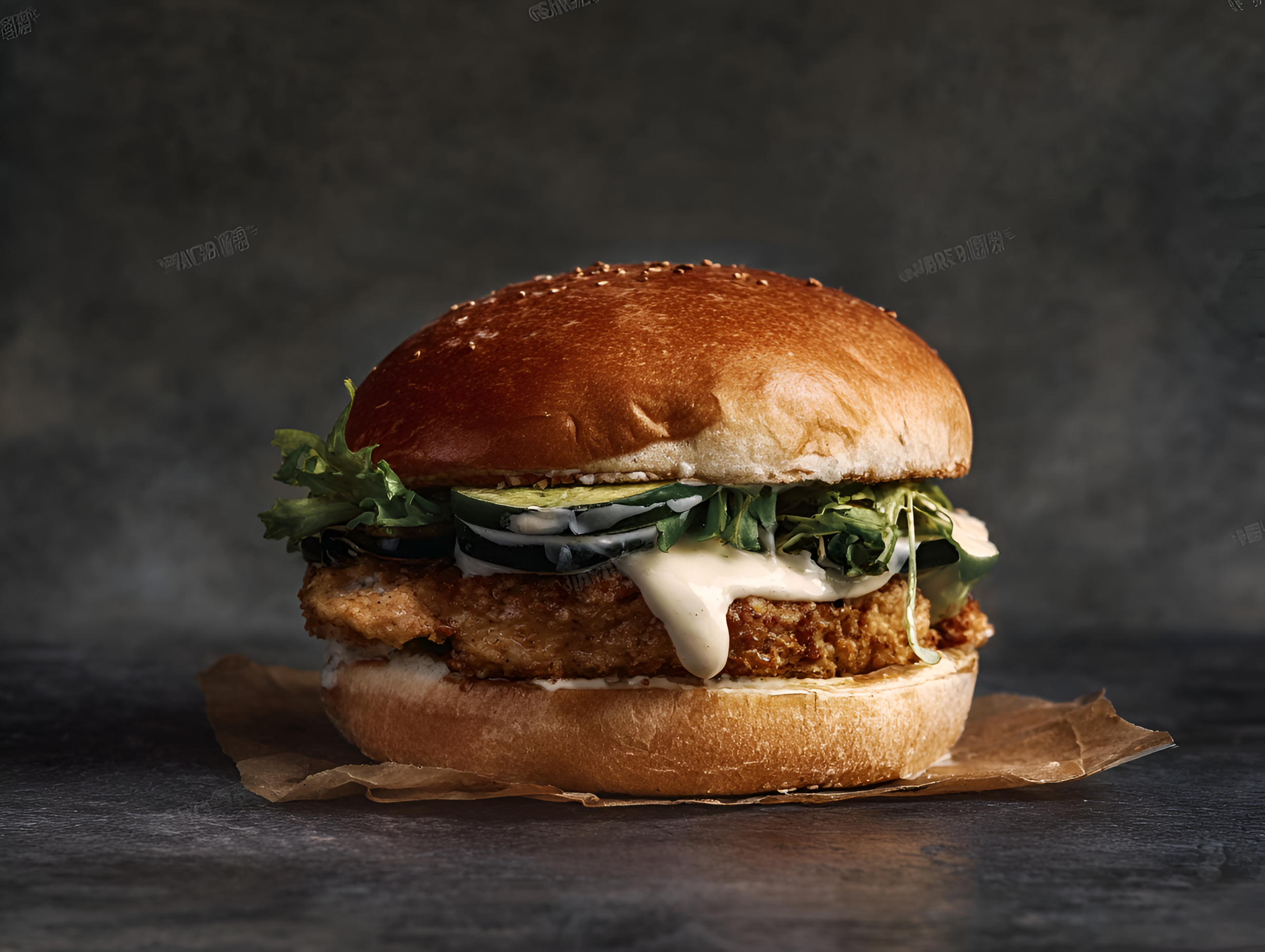 A chicken burger with some lettuce, vegetables and sauce in it