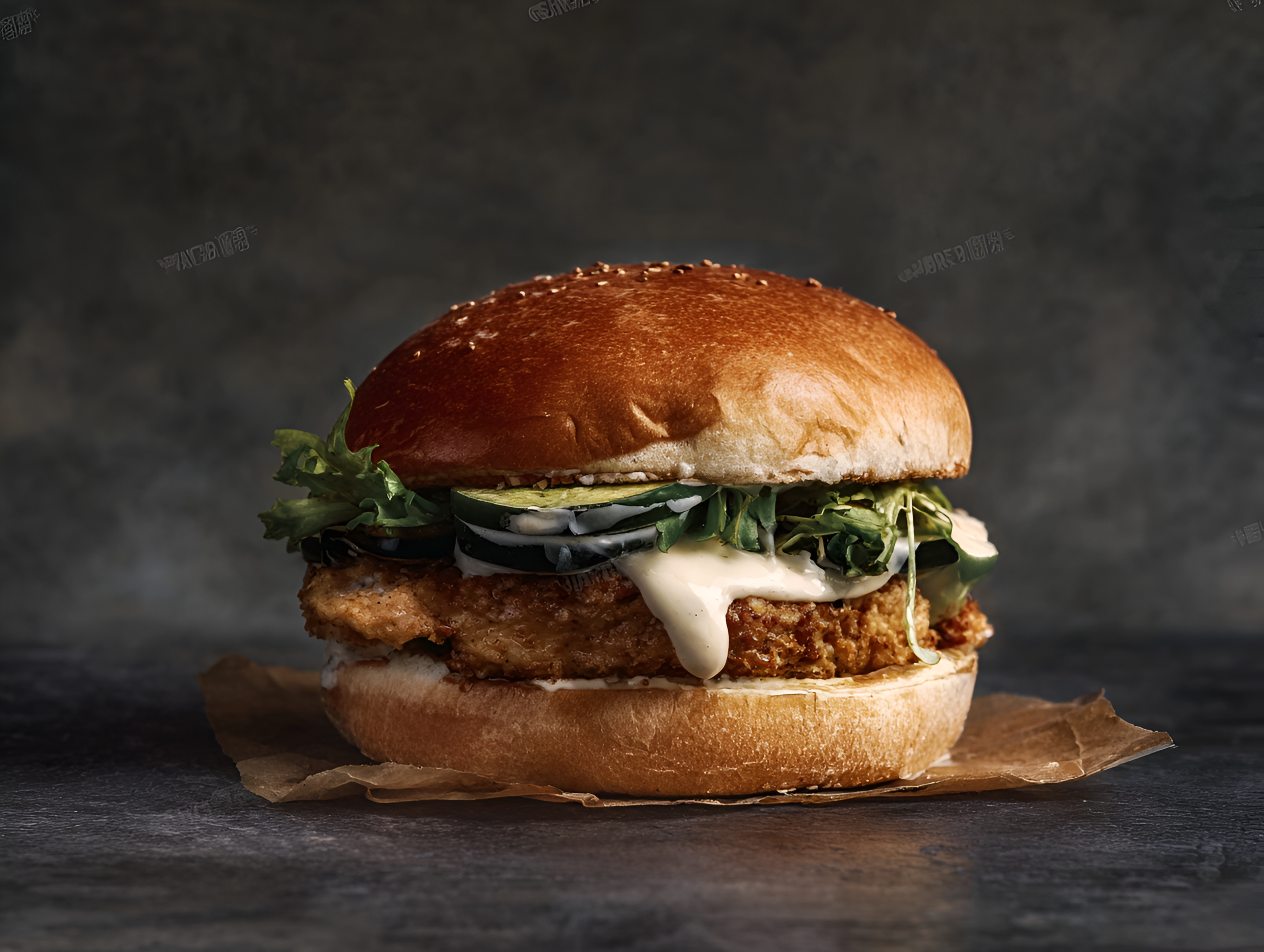 A chicken burger with some lettuce, vegetables and sauce in it