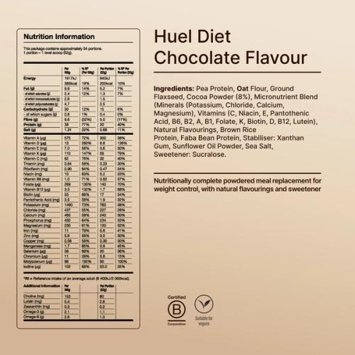 Back of pack nutritional information for Huel Diet Powder