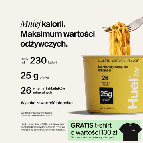 Kubek Huel Lite Ramen z oznaczeniami dotyczącymi wartości odżywczych