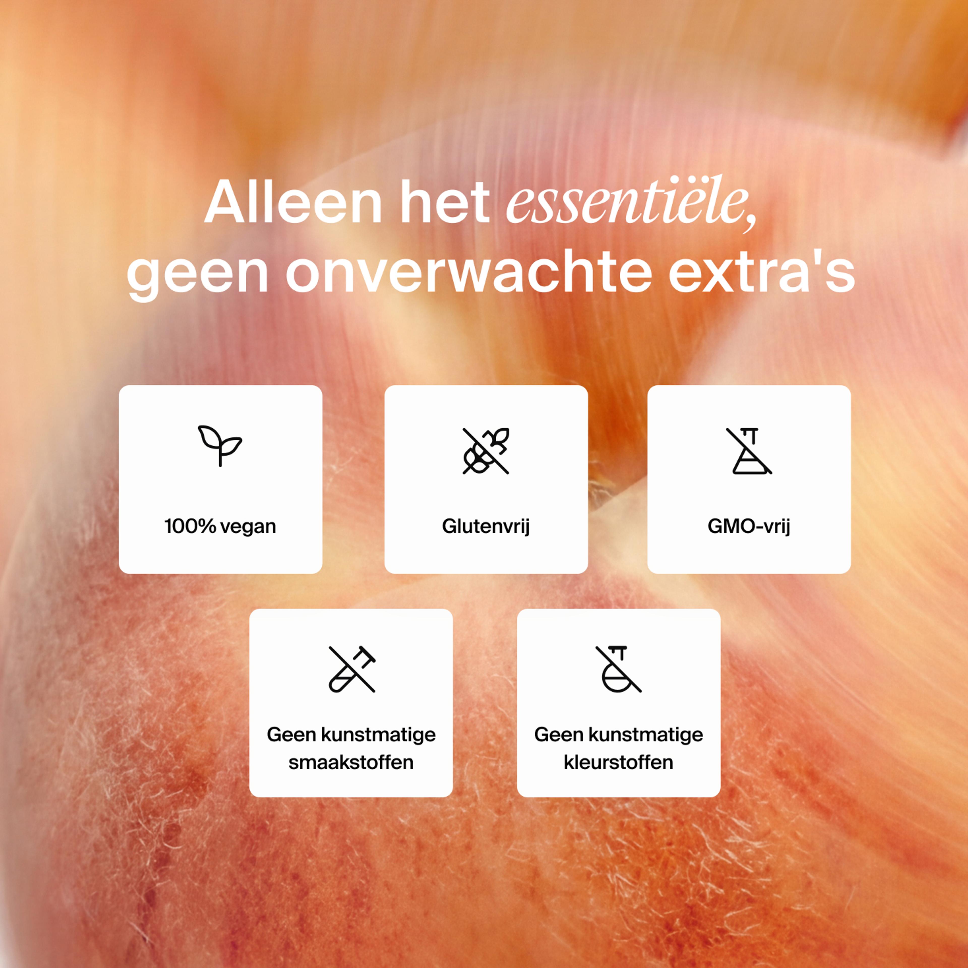 Precies wat je nodig hebt, en niks wat je niet nodig hebt. Plantaardig, glutenvrij, GMO-vrij, geen kunstmatige smaakstoffen, geen kunstmatige kleurstoffen