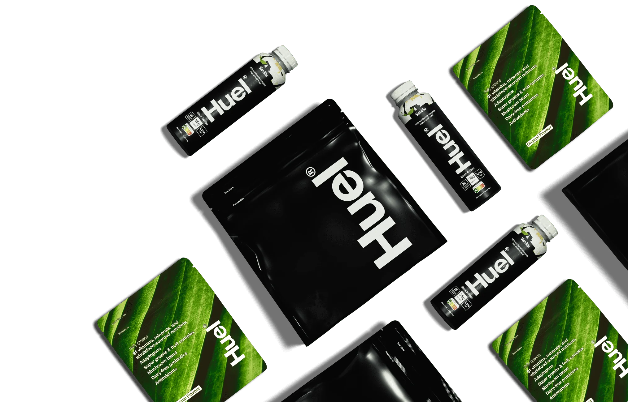 Assortment of Huel products on a white background